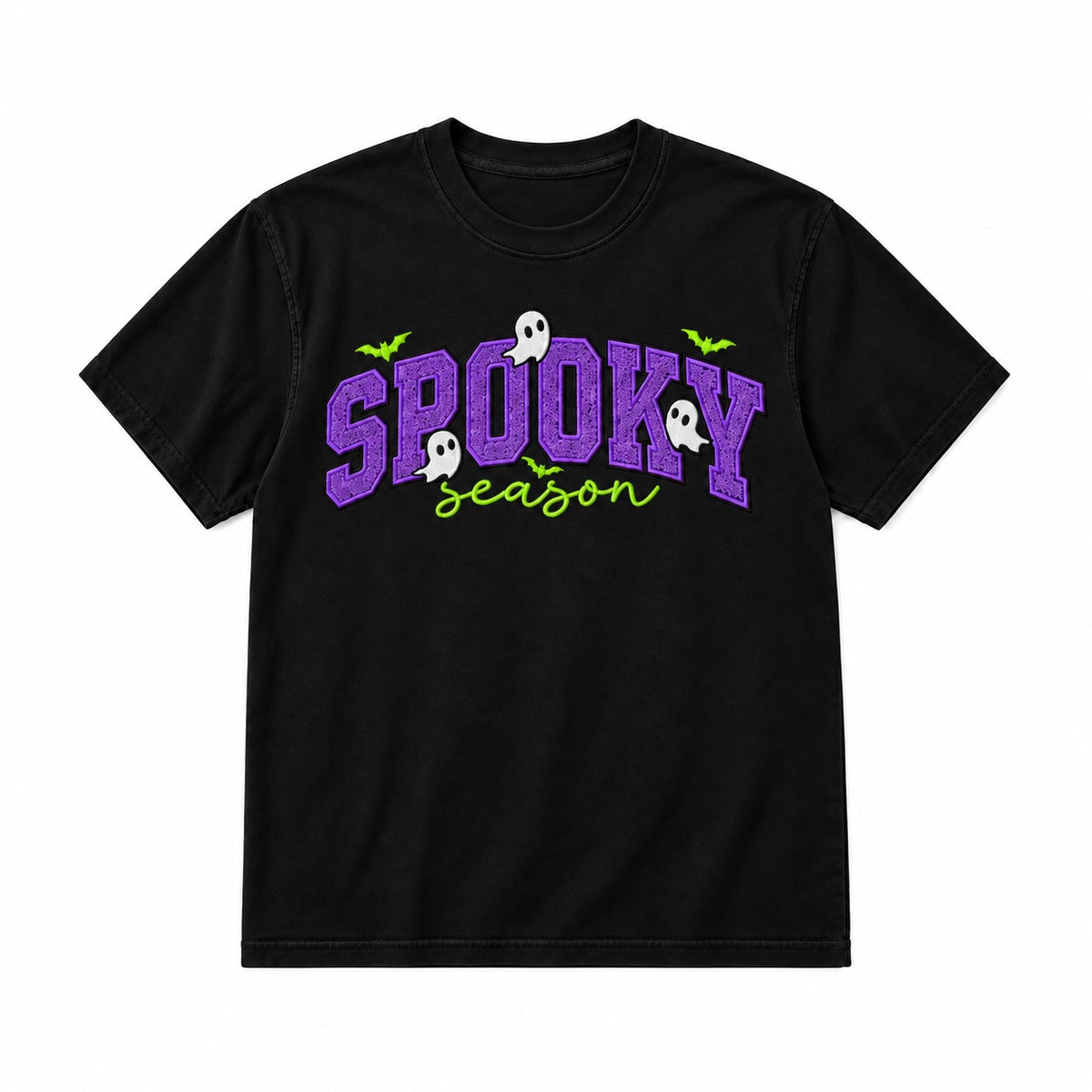 Spooky Season Black Purple design on Black T-Shirt, front view on white background
