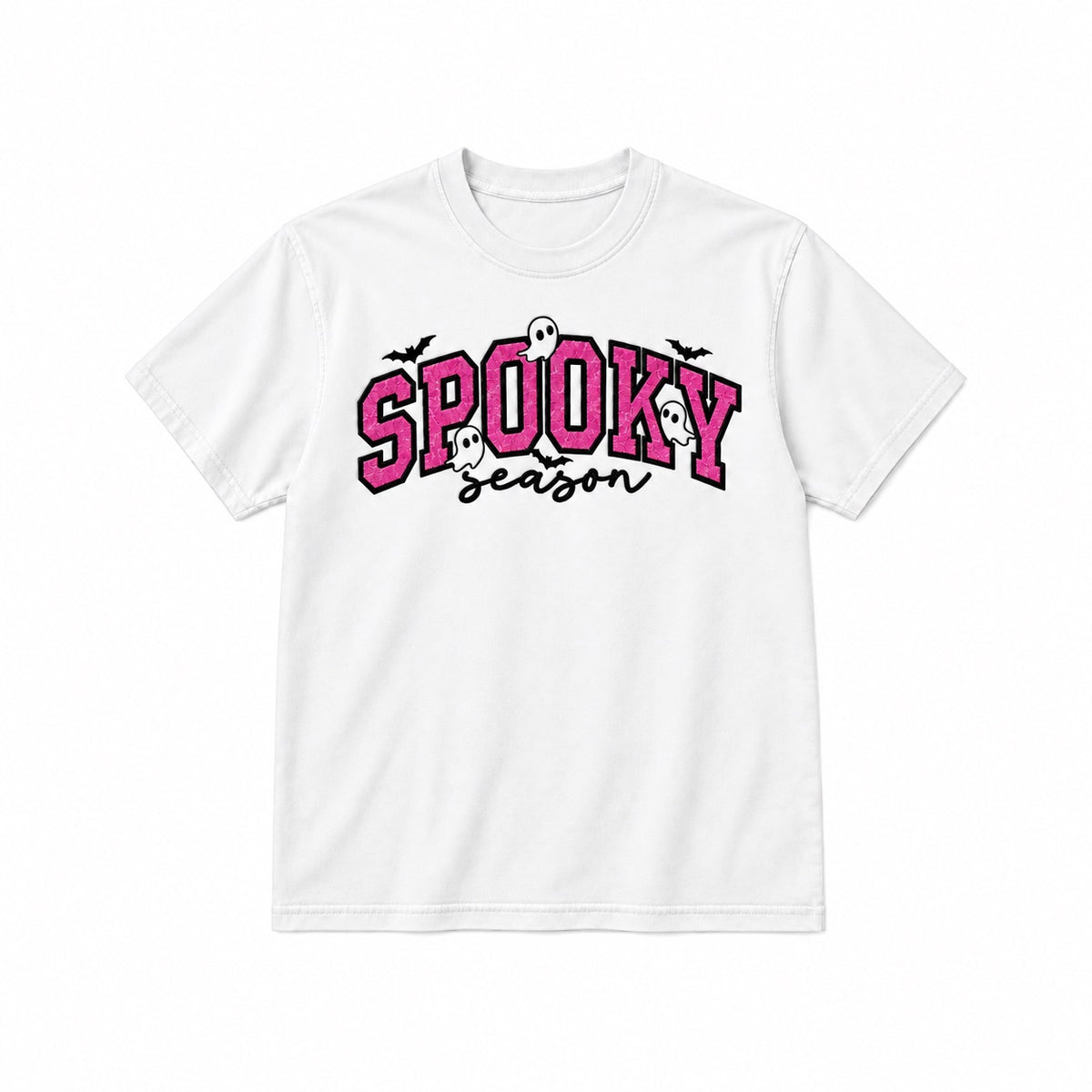 Spooky Season Pink Ghosts design on White T-Shirt, front view on white background