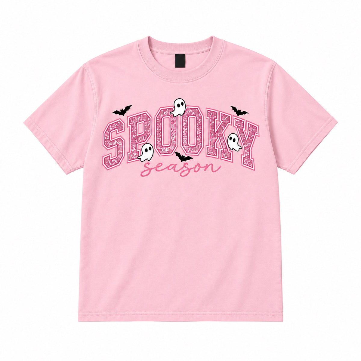 Spooky Season Pink Pattern design on Light Pink T-Shirt, front view on white background