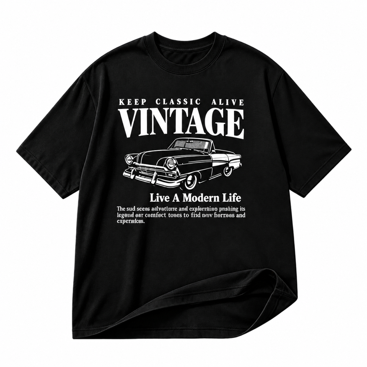 Vintage classic car black graphic T-shirt on pure white background