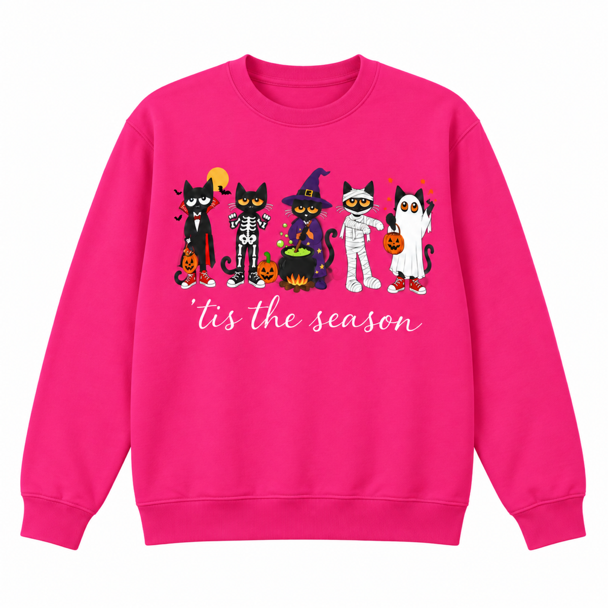 'Tis the Season Halloween cats graphic crewneck sweatshirt in Barbie Pink, front view