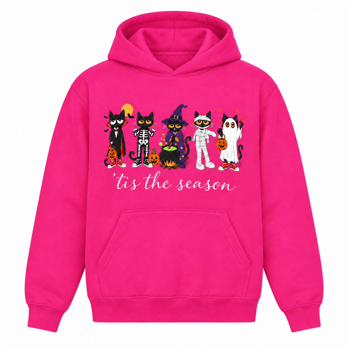 'Tis the Season Halloween cats graphic hoodie in Barbie Pink, front view