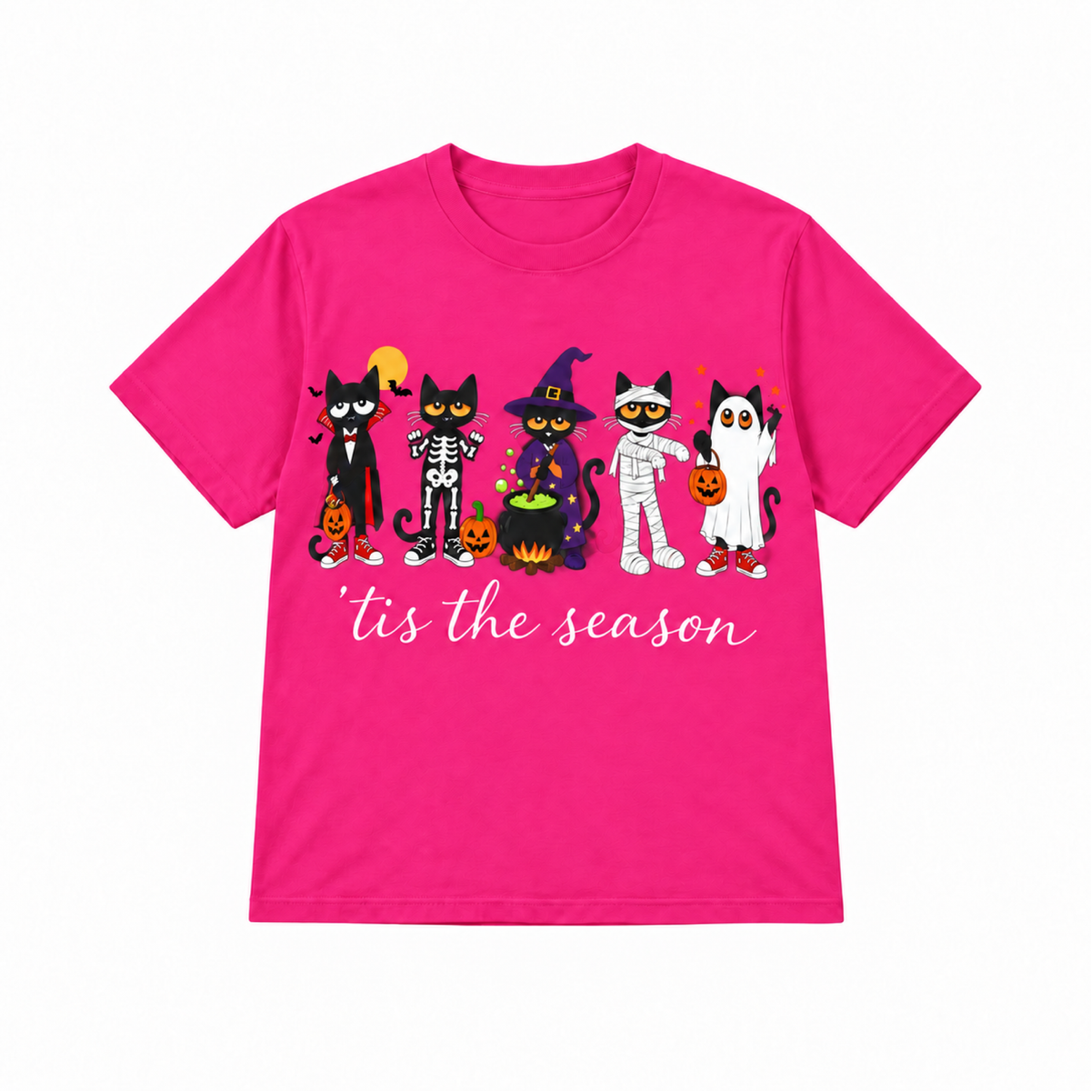 'Tis the Season Halloween cats graphic T-shirt in Barbie Pink, front view
