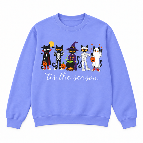 'Tis the Season Halloween cats graphic crewneck sweatshirt in lavender, front view