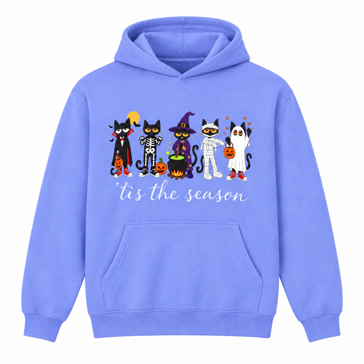 'Tis the Season Halloween cats graphic hoodie in lavender, front view