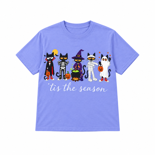 'Tis the Season Halloween cats graphic T-shirt in lavender, front view