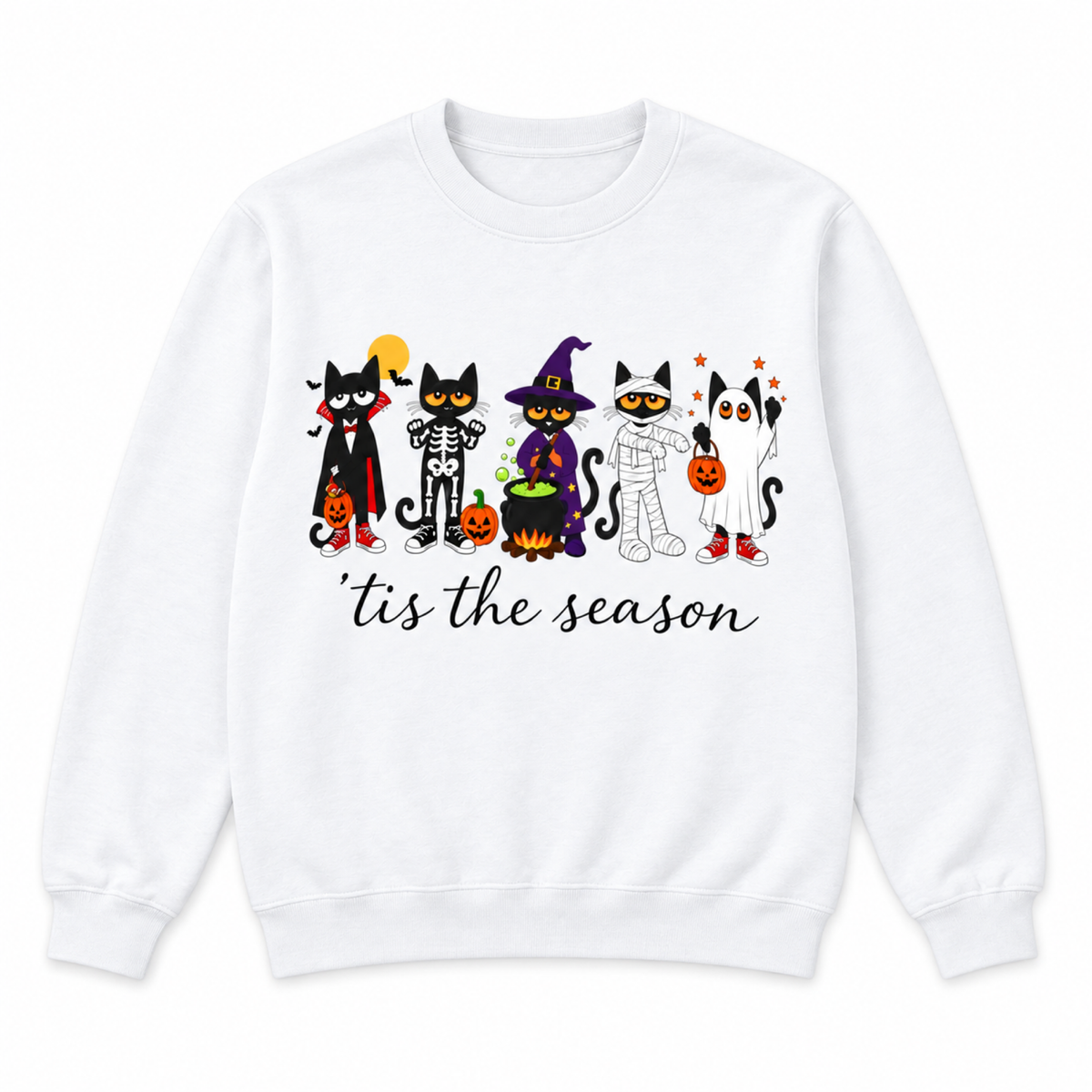 'Tis the Season Halloween cats graphic crewneck sweatshirt in white, front view
