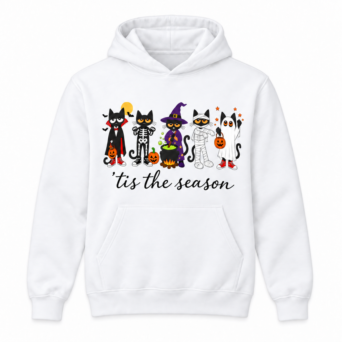 'Tis the Season Halloween cats graphic hoodie in white, front view