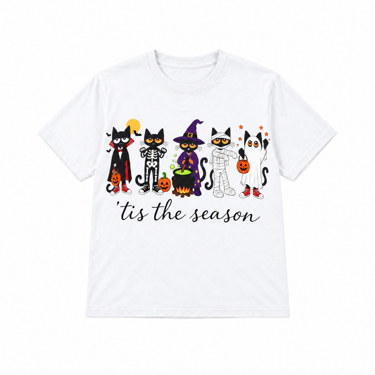 'Tis the Season Halloween cats graphic T-shirt in white, front view