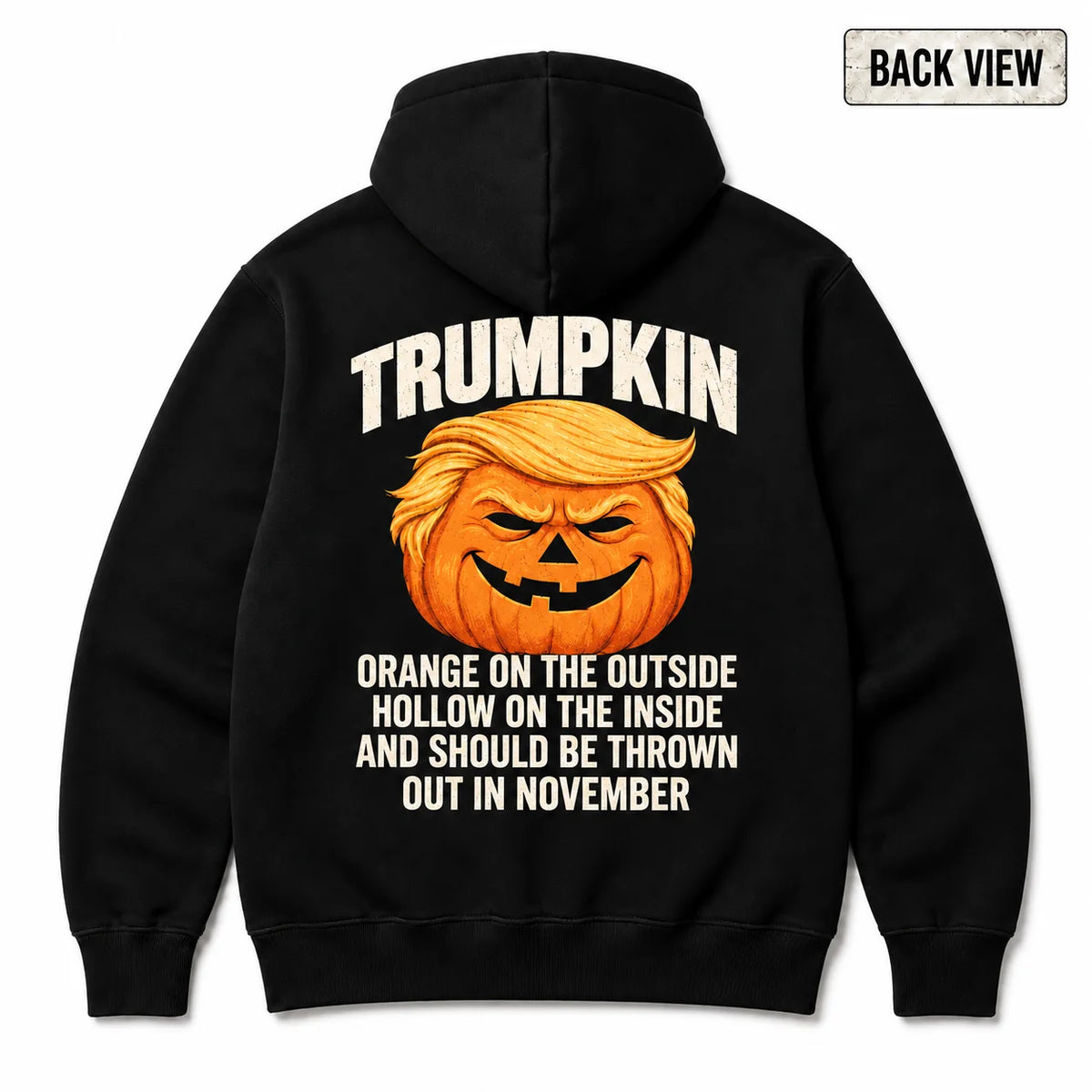 Black hoodie back with Trumpkin Halloween pumpkin graphic