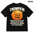 Black T-shirt back with Trumpkin Halloween pumpkin graphic