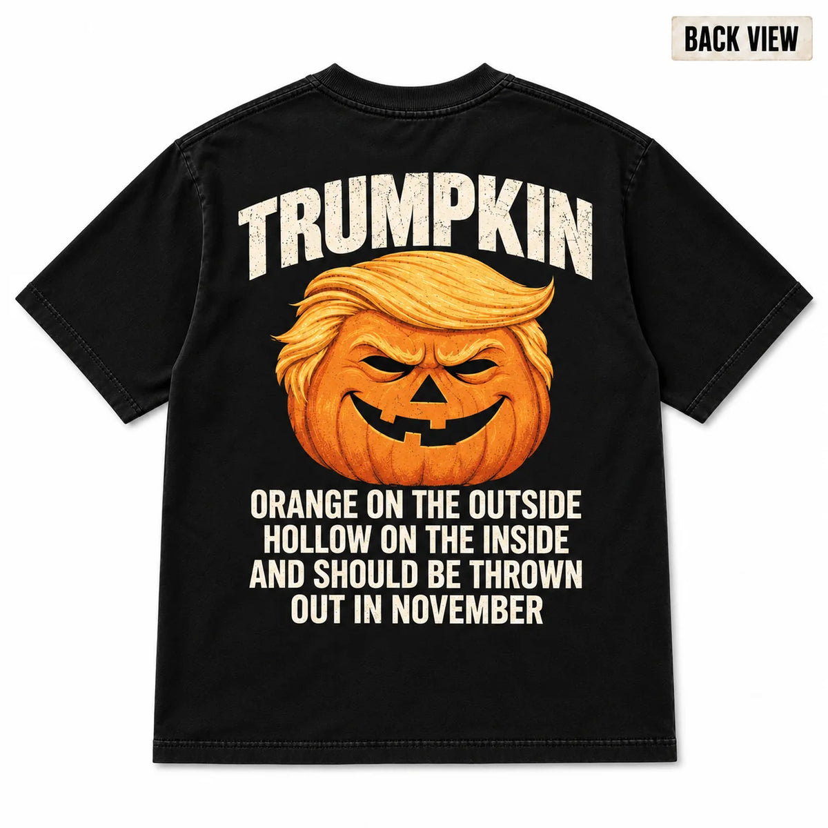 Black T-shirt back with Trumpkin Halloween pumpkin graphic
