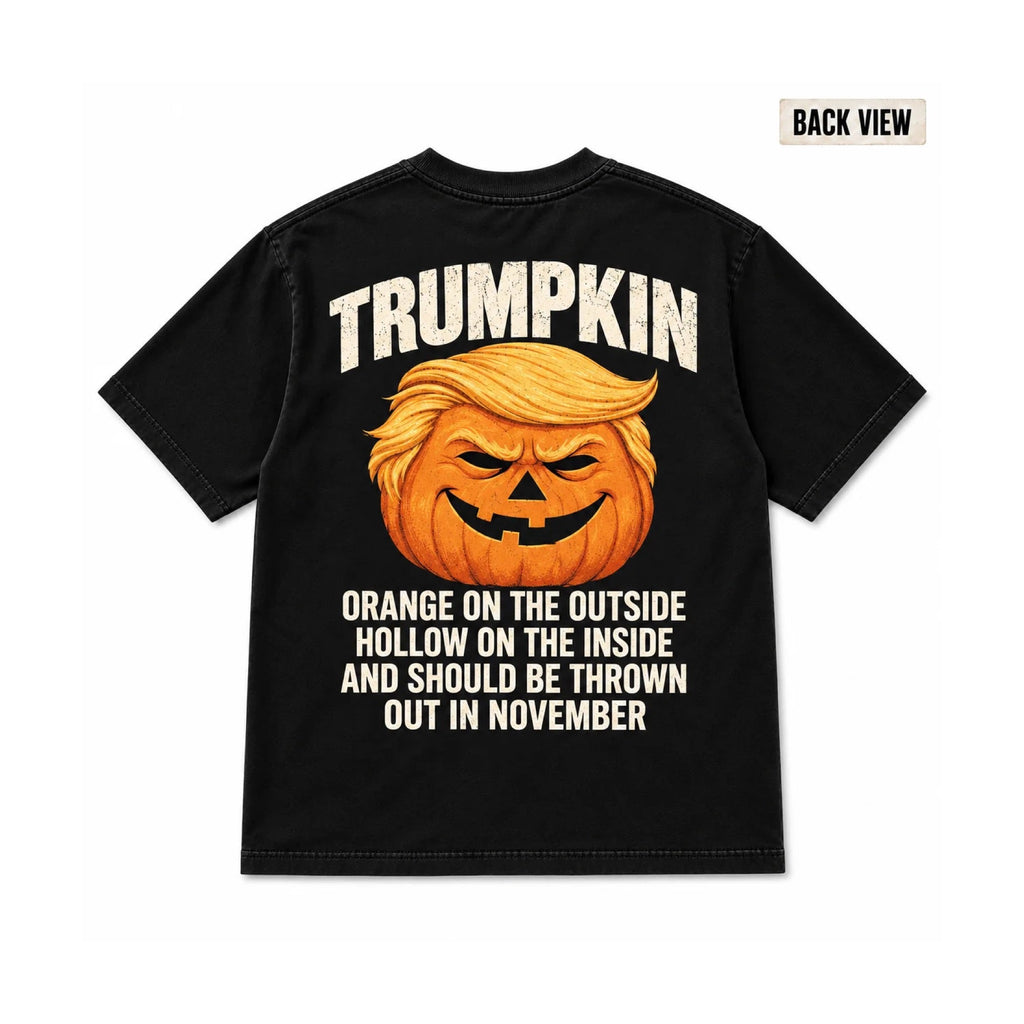 Black Trumpkin Halloween graphic T-shirt back view on pure white background