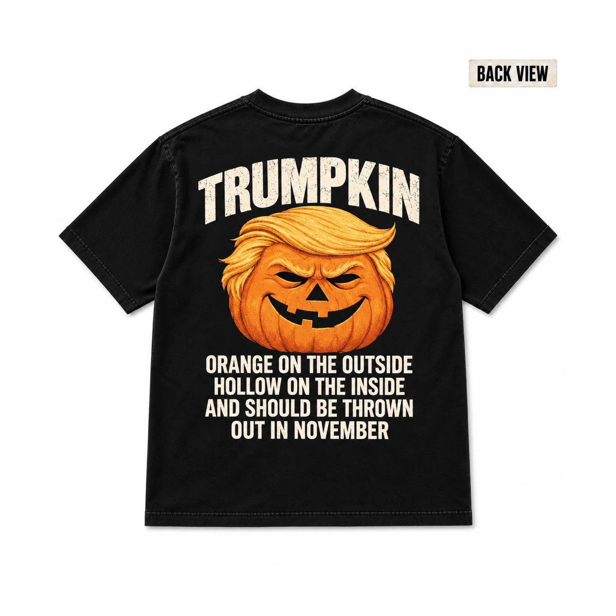 Black Trumpkin Halloween graphic T-shirt back view on pure white background