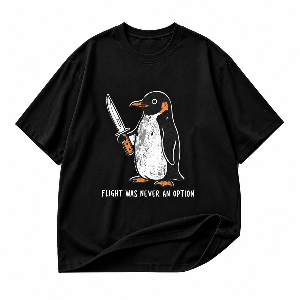 Flight Was Never an Option penguin black graphic T-shirt on pure white background
