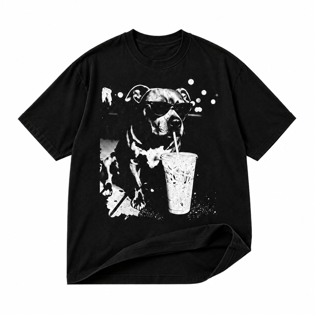 Sunglasses dog and drink black graphic T-shirt on pure white background