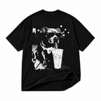 Sunglasses dog and drink black graphic T-shirt on pure white background