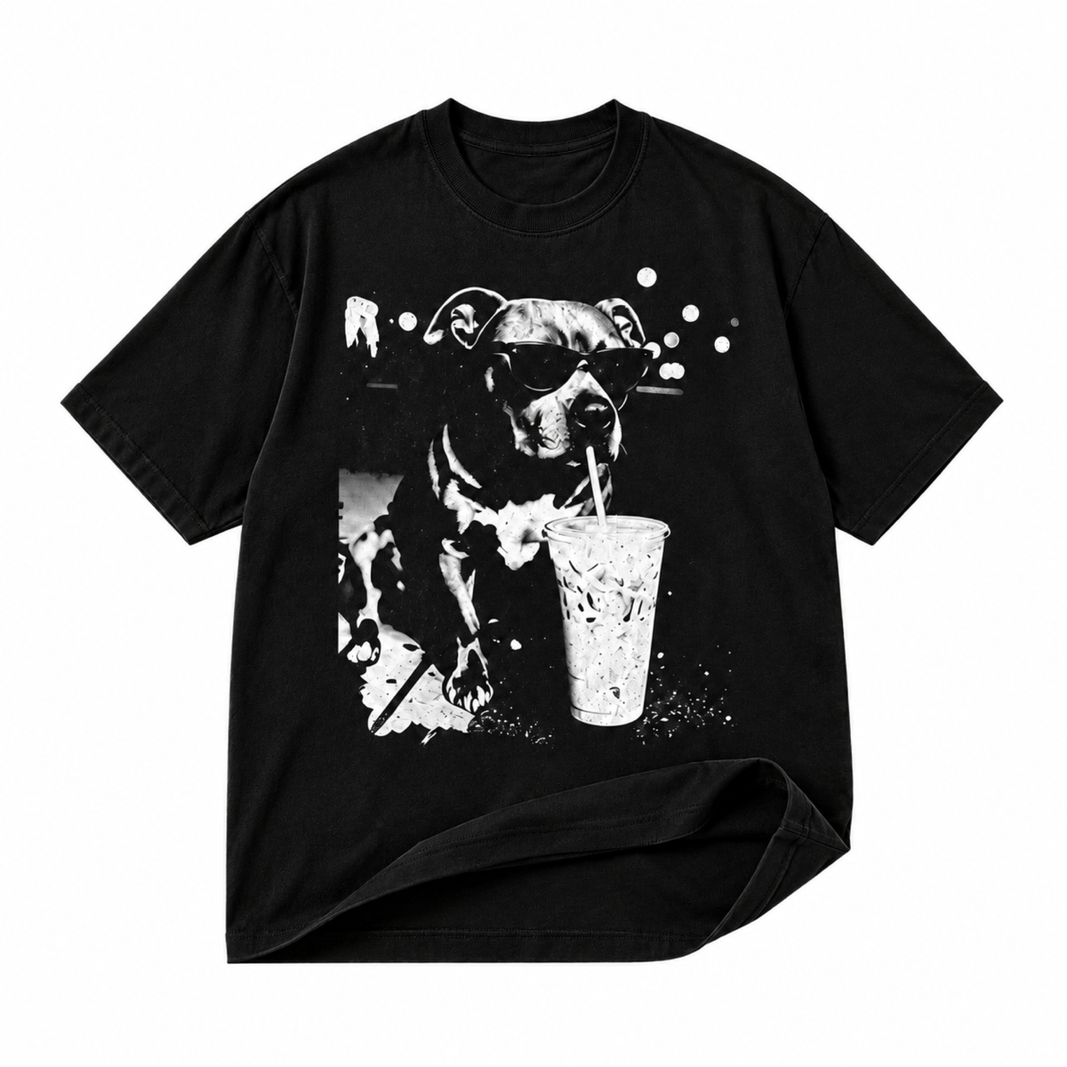 Sunglasses dog and drink black graphic T-shirt on pure white background