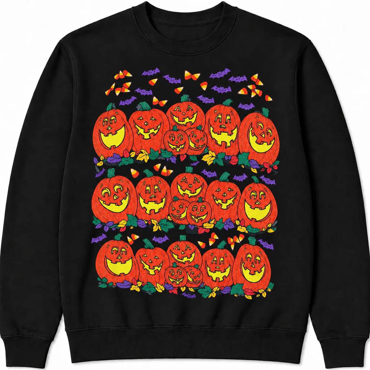 Vintage pumpkin family Halloween graphic on black crewneck sweatshirt