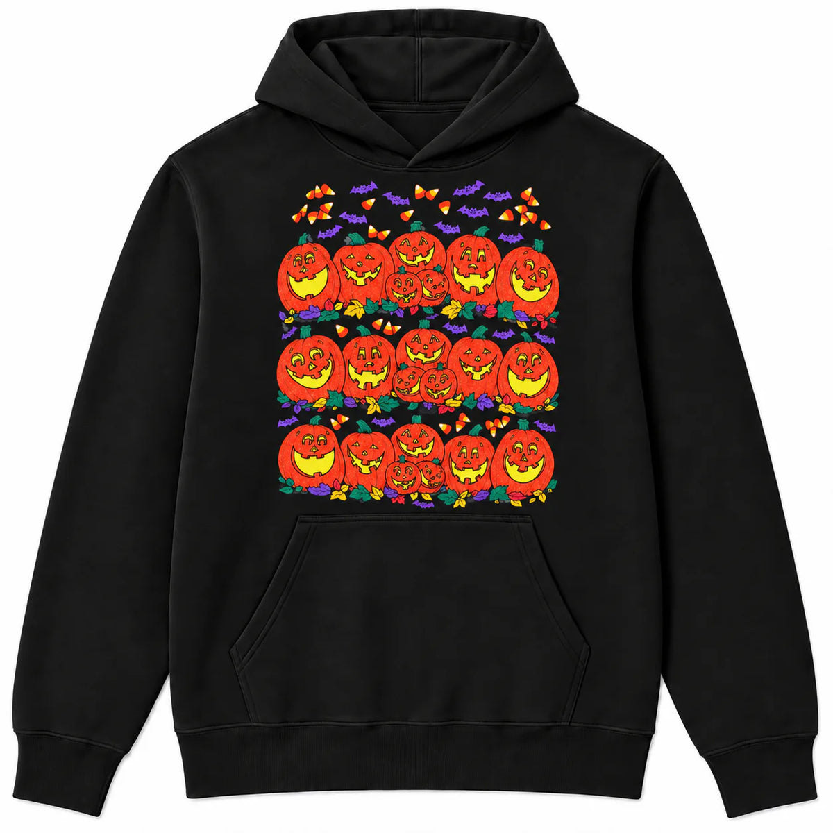 Vintage pumpkin family Halloween graphic on black hoodie