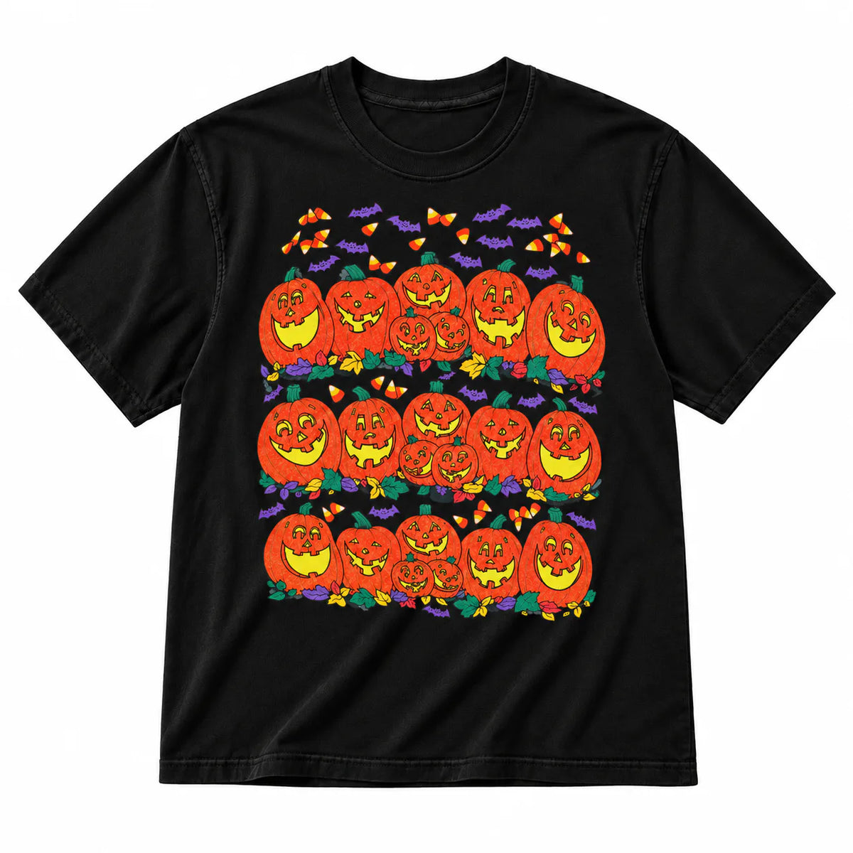 Vintage pumpkin family Halloween graphic on black T-shirt