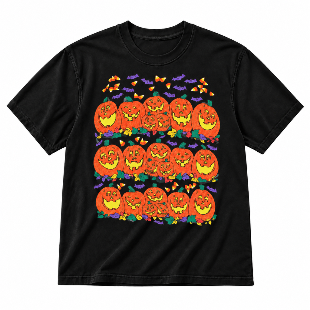 Black vintage pumpkin family graphic T-shirt on pure white background