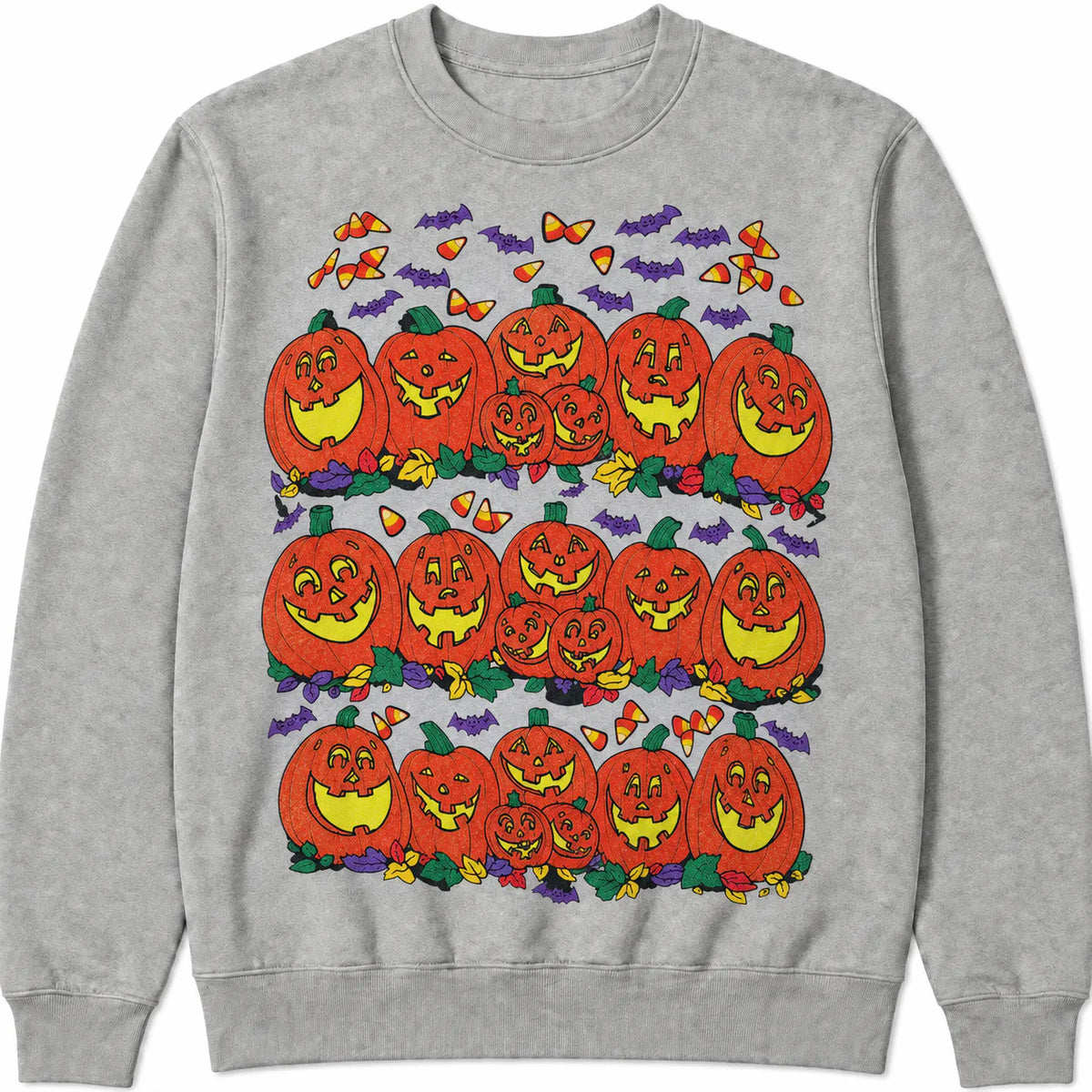 Vintage pumpkin family Halloween graphic on heather gray crewneck sweatshirt