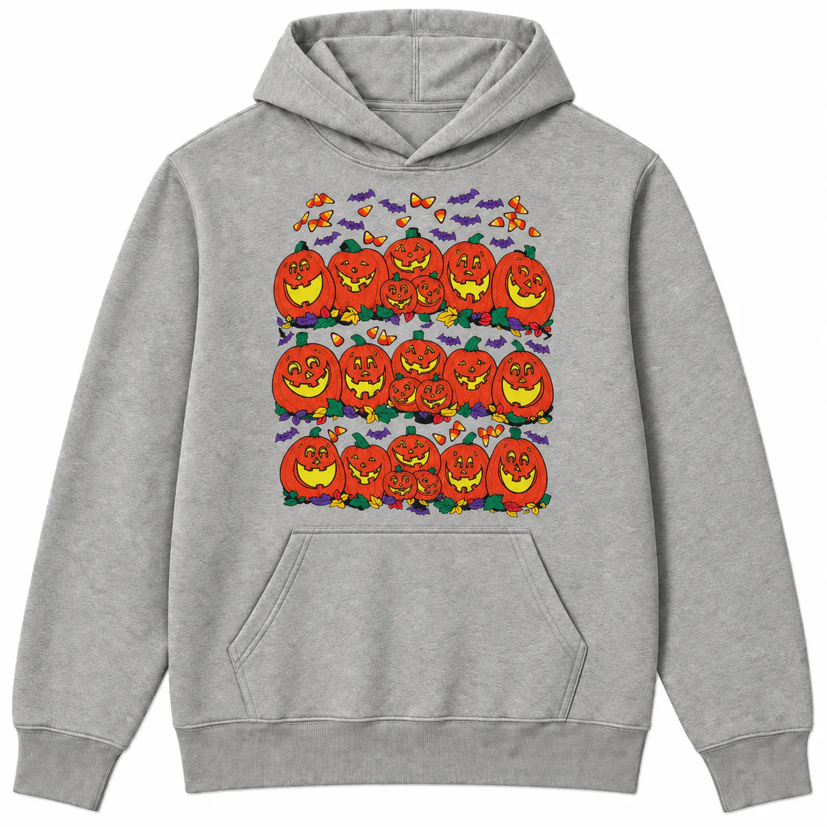 Vintage pumpkin family Halloween graphic on heather gray hoodie