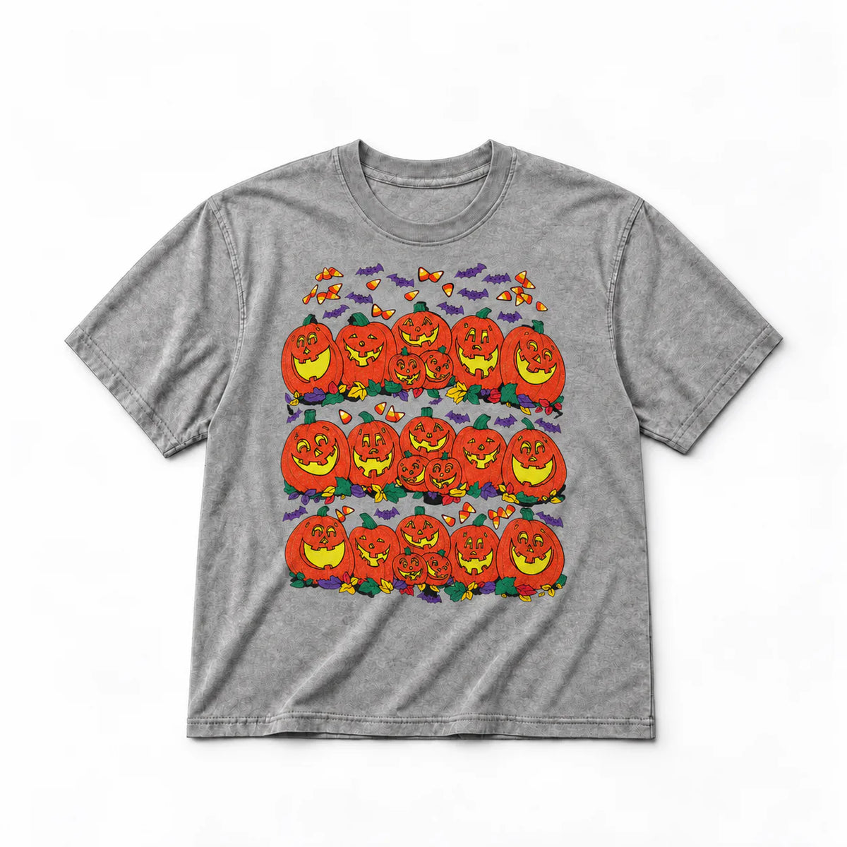 Vintage pumpkin family Halloween graphic on heather gray T-shirt