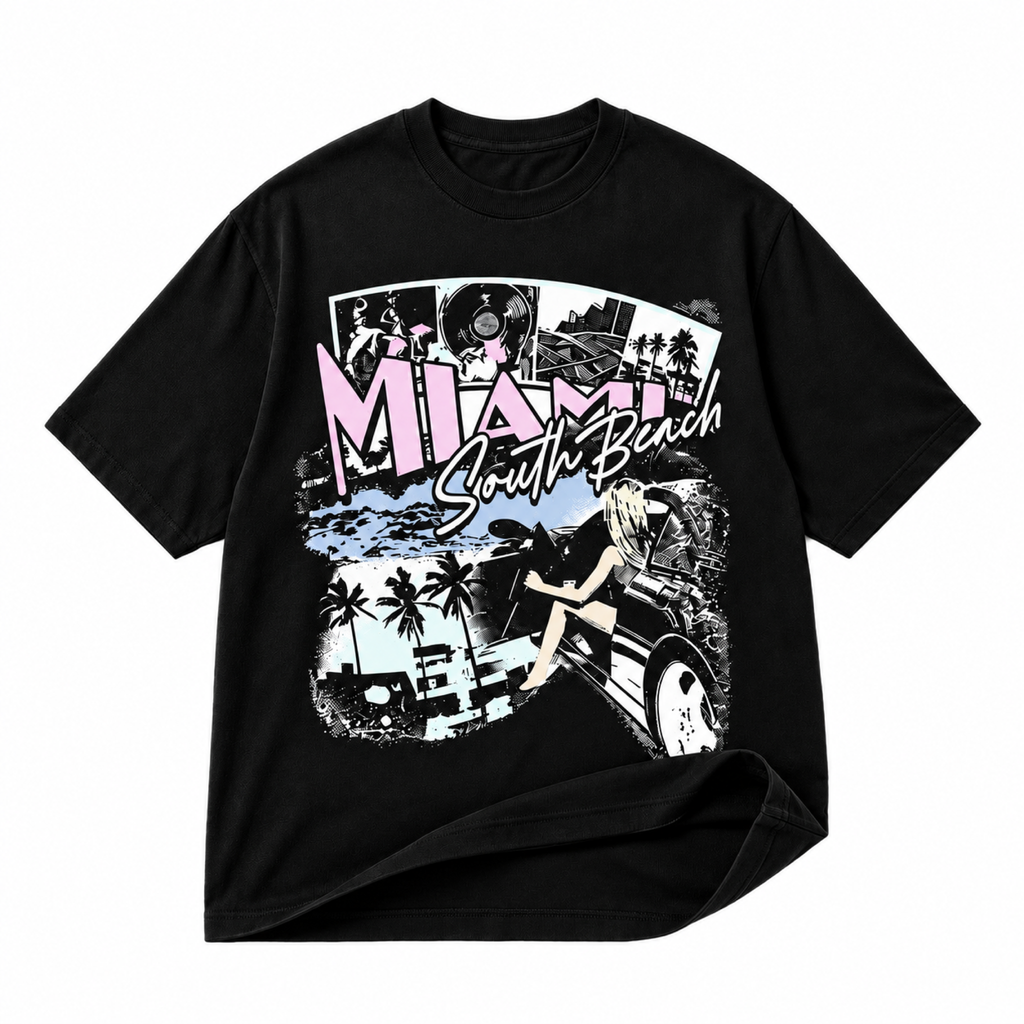 Miami South Beach black graphic T-shirt on pure white background