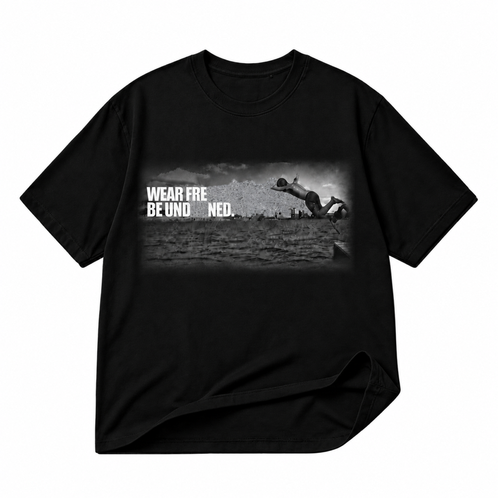 Wear Free Be Undefined black graphic T-shirt on pure white background